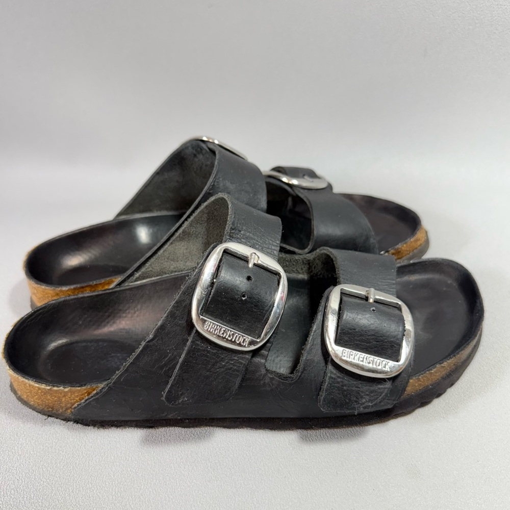 Birkenstock Arizona Black Leather Big Buckle Slide Sandals - Picture 4 of 14